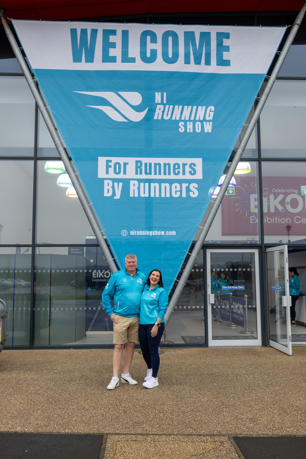 NI Running Show triangular welcome banner installed at venue entrance
